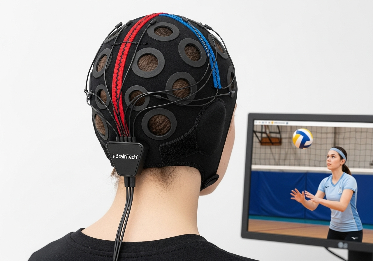 Young female volleyball athlete at Synapse SRT using I-Brain Tech with EEG cap to improve focus, response time, and recovery.