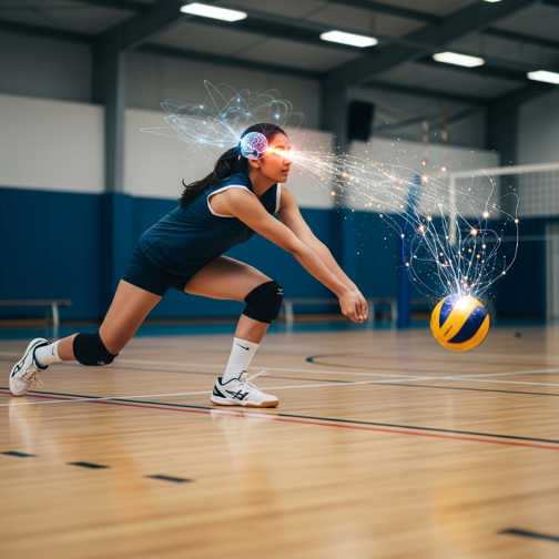Young female volleyball athlete at Synapse SRT using I-Brain Tech with EEG cap to improve focus, response time, and recovery.