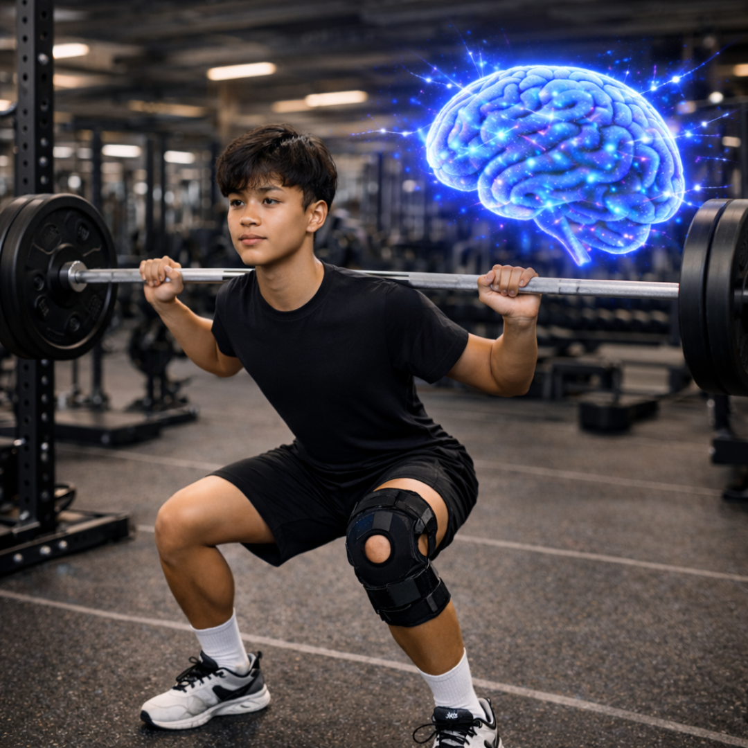 A teenage boy squats and lifts weights while wearing a knee brace. A brain floats nearby symbolizing the mind-body connection.