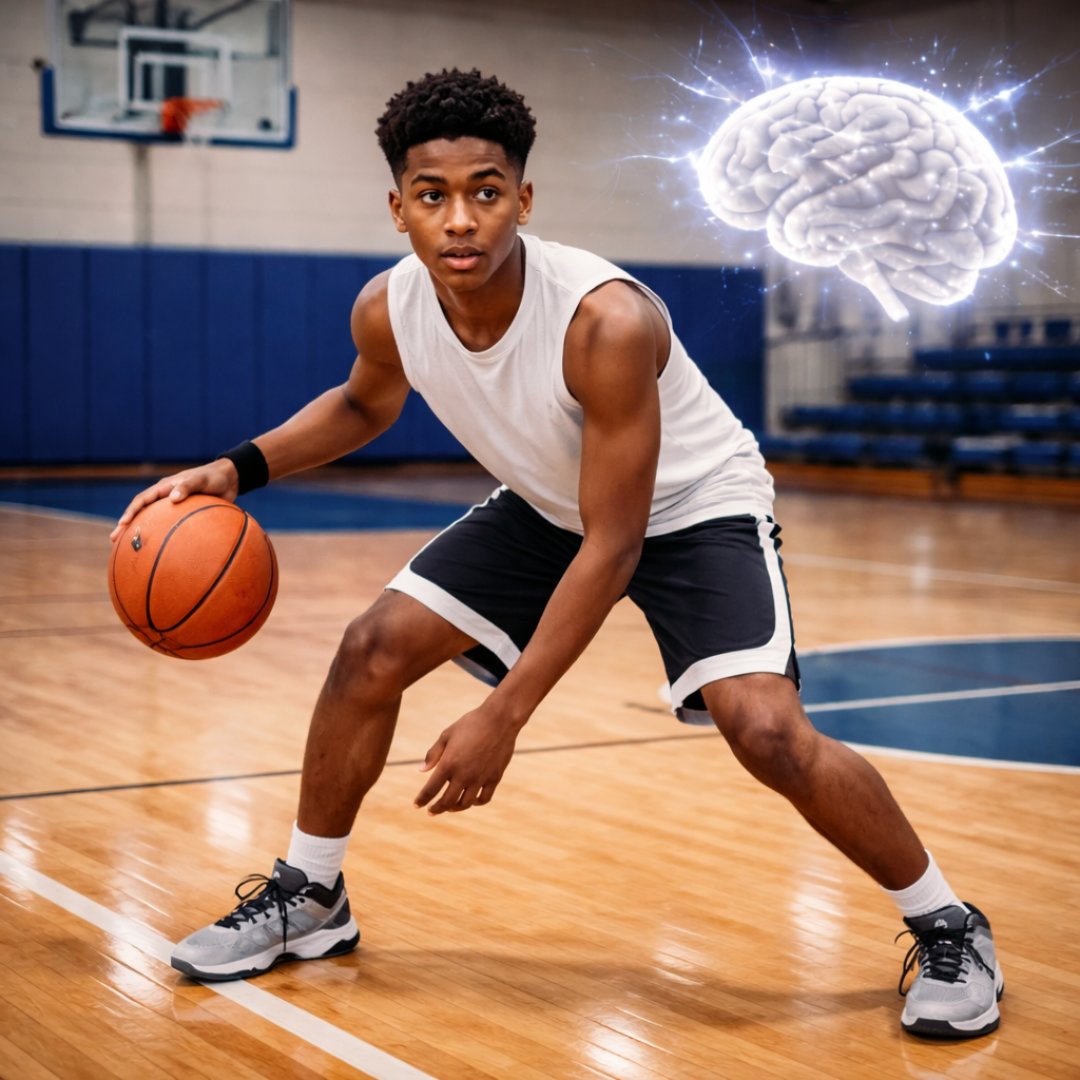 A boy practices basketball with a brain floating nearby symbolizing the mind-body connection.