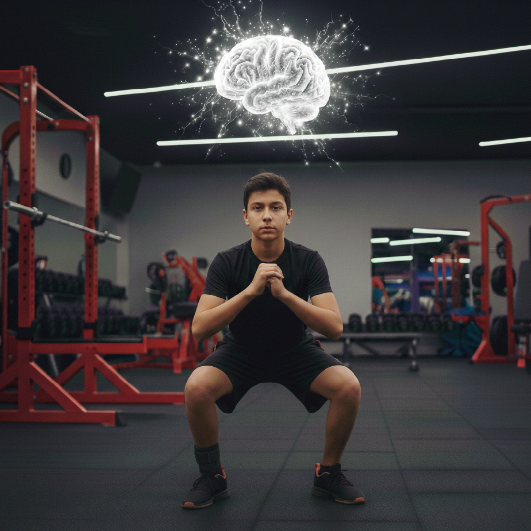 A boy squats while a brain floats above his head symbolizing the mind-body connection.