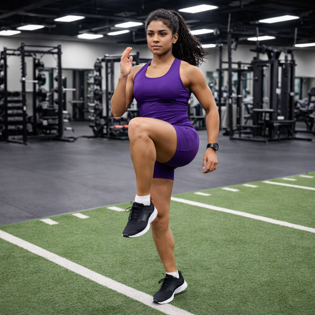 A fit athletic woman does a high knees after having completed i-Brain training at Sawmill.