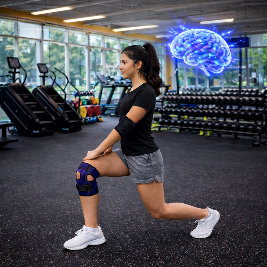 A teenage girl with a knee brace exercises in a gym with a sparkly brain floating above her symbolizing her mind body connection.