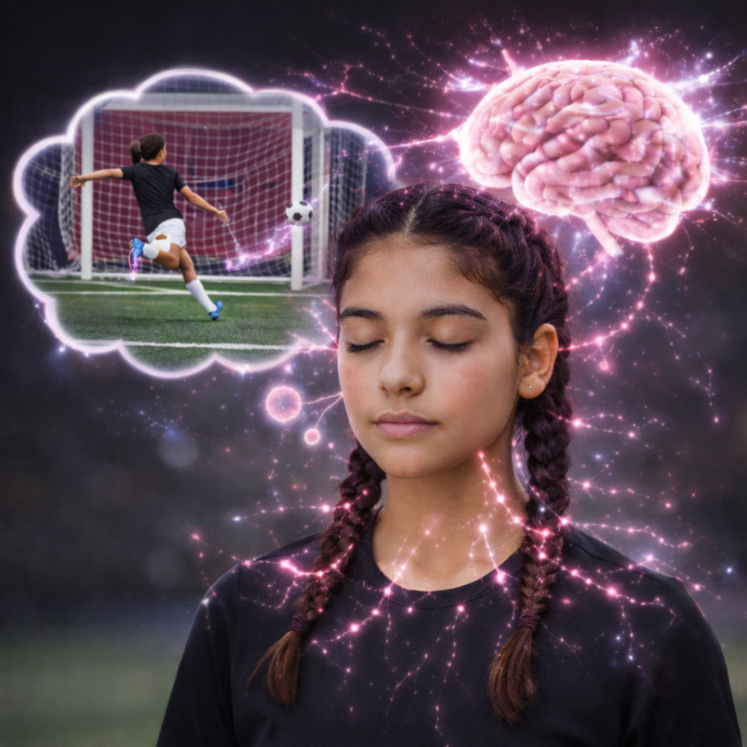 A girl imagines scoring a goal in soccer.