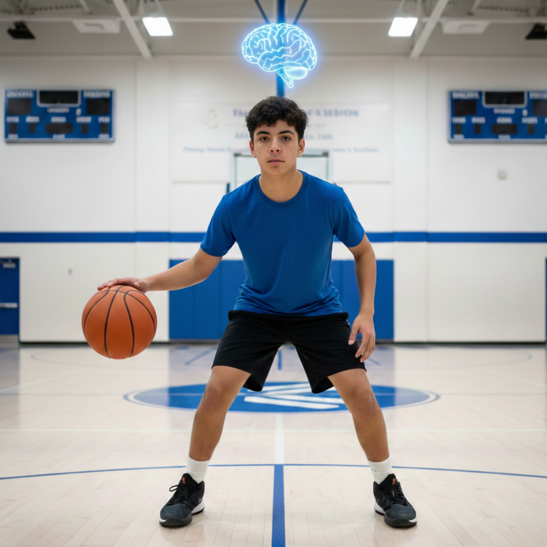 A boy plays basketball and improves because he trained using i-Brain at Synapse SRT at Sawmill Sports Hub.