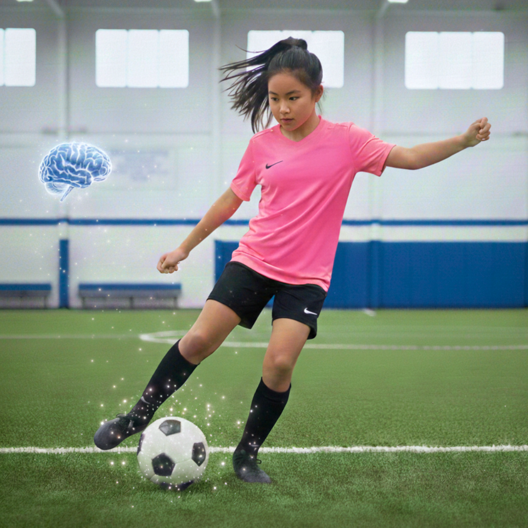 A girl plays soccer after training on i-Brain.
