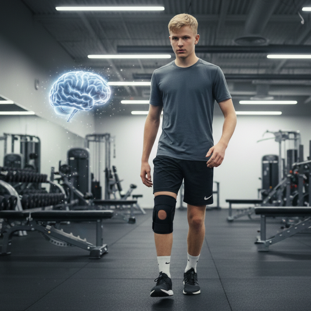 A boy rehabs his knee after having done i-Brain training.