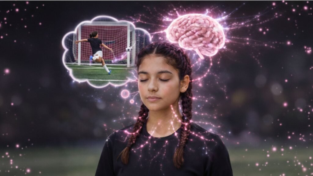 A girl imagines scoring a goal in soccer.