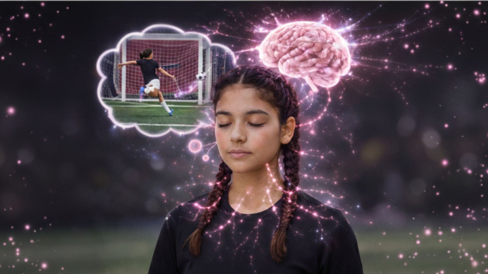 A girl imagines scoring a goal in soccer.